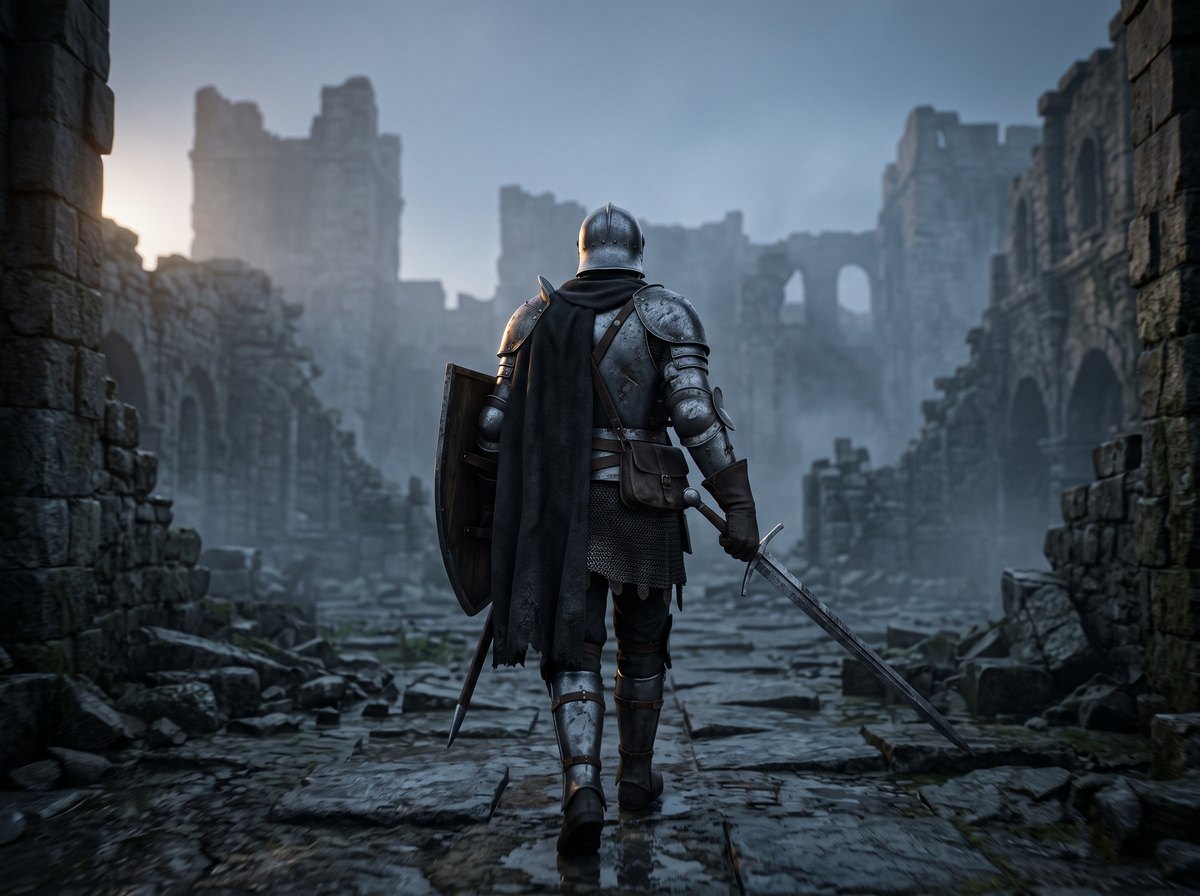Guerrier en armure de dos dans des ruines, rendu de synthèse